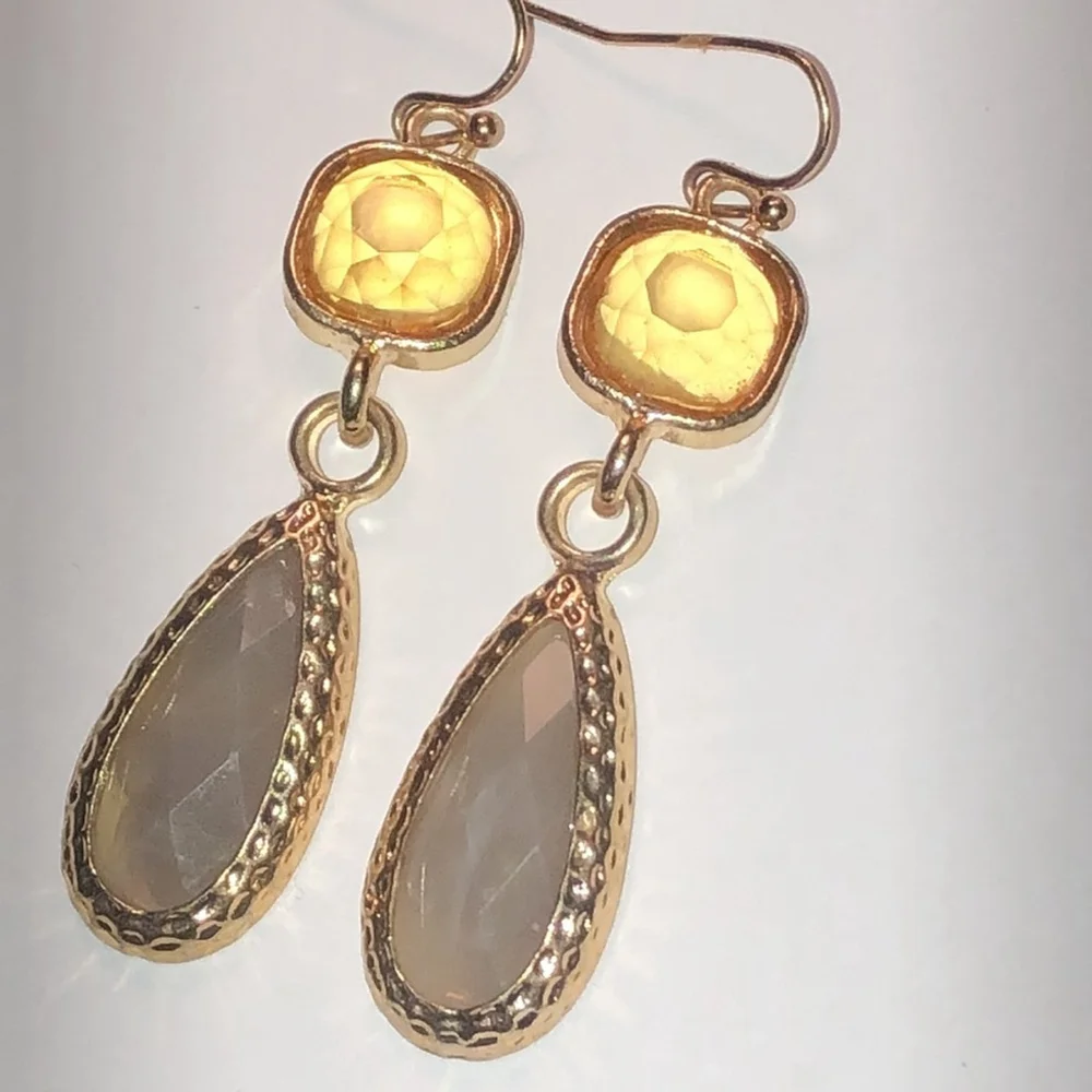 Gold Tone Yellow Rhinestone Neutral Boho Dangling Earrings